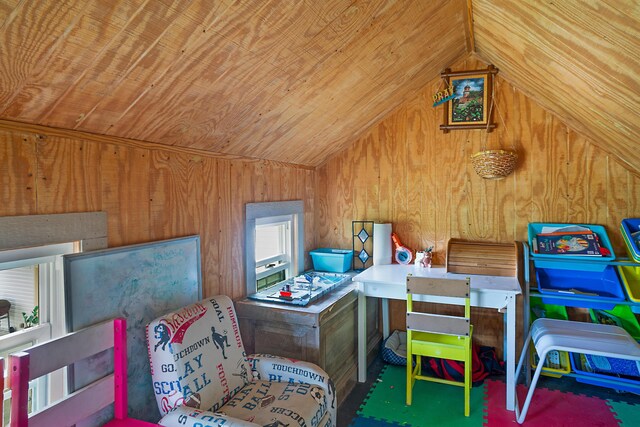 interior space with vaulted ceiling, wooden walls, and wood ceiling