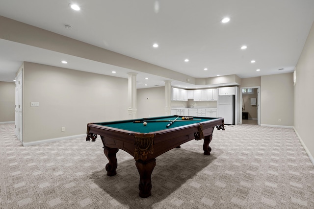 recreation room featuring ornate columns, pool table, and light colored carpet