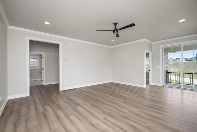 unfurnished living room with crown molding, ceiling fan, and light hardwood / wood-style flooring