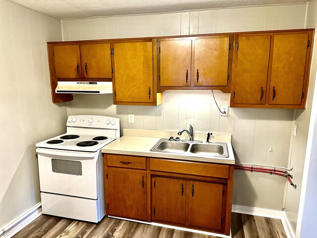 kitchen with hardwood / wood-style flooring, electric range, sink, and a textured ceiling