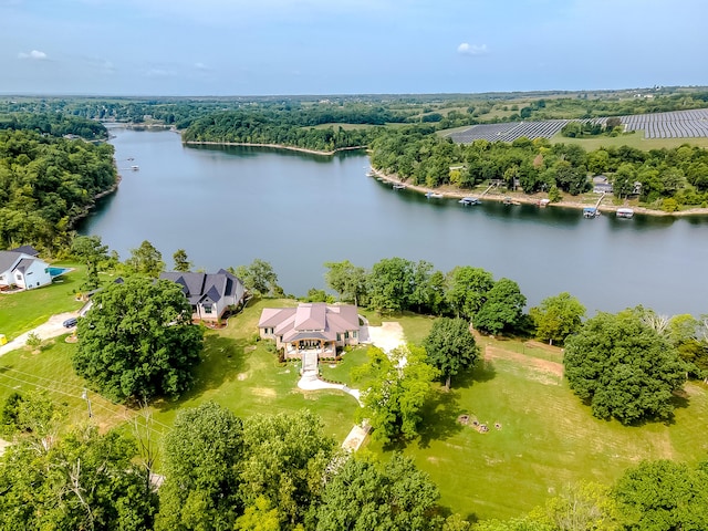 drone / aerial view with a water view