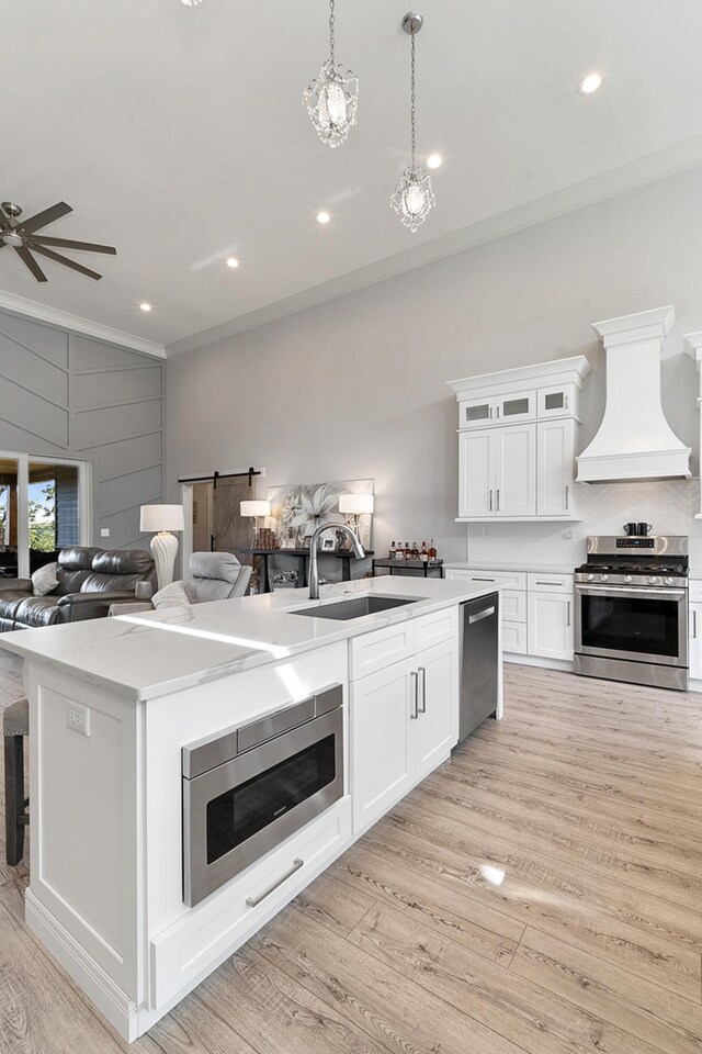 kitchen featuring stainless steel appliances, sink, light hardwood / wood-style floors, crown molding, and custom exhaust hood