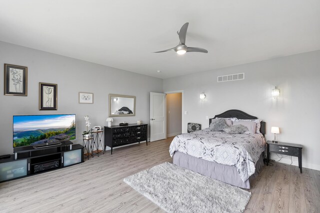 bedroom with ceiling fan and light wood-type flooring