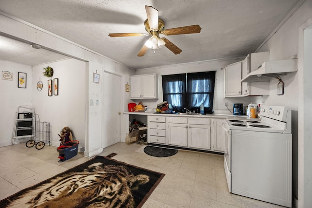 106 18th St, Corbin, KY 40701 - kitchen with white cabinetry, white range with electric cooktop, and light tile patterned floors