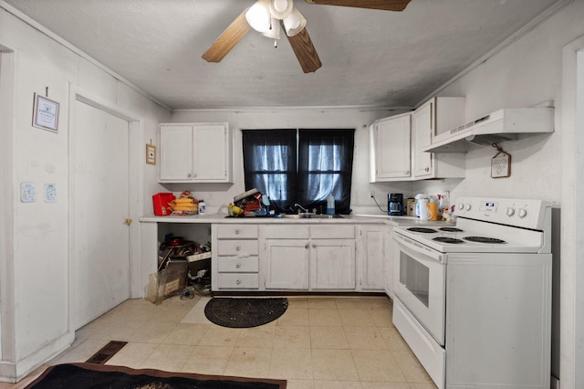 106 18th St, Corbin, KY 40701 - kitchen with light tile patterned flooring, white electric range oven, white cabinets, ceiling fan, and sink