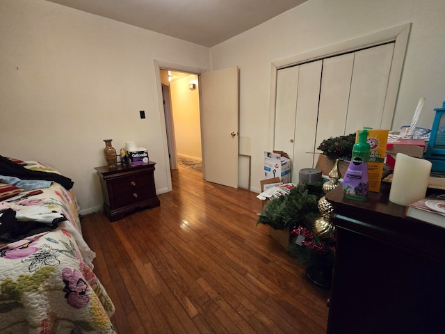 bedroom featuring dark wood-type flooring and a closet