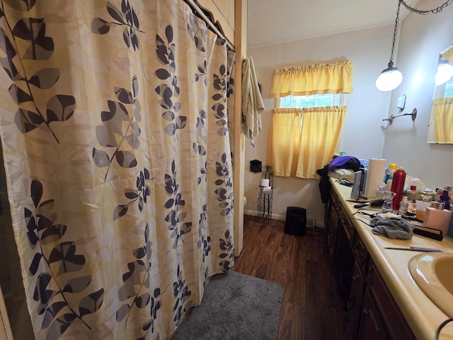 bathroom featuring hardwood / wood-style floors and vanity