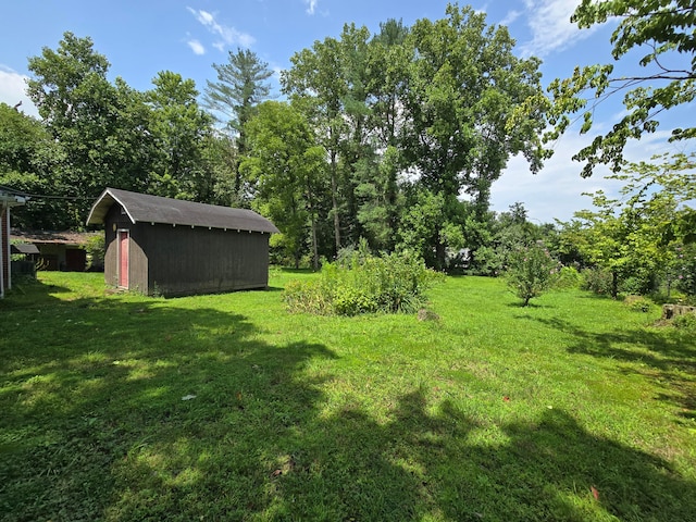 view of yard featuring a storage unit