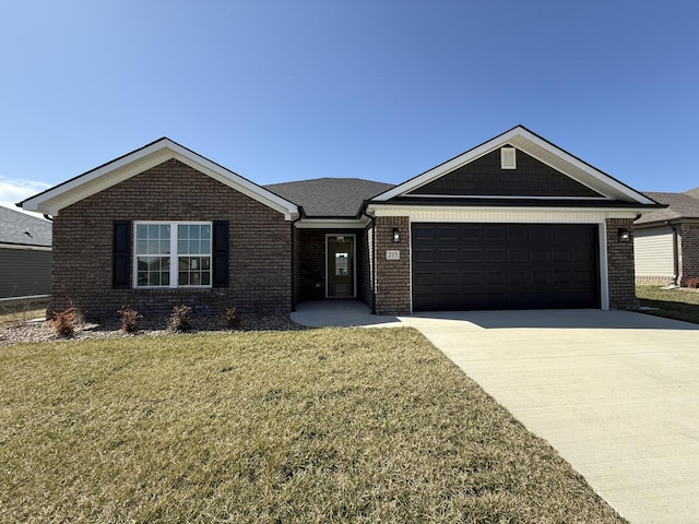 ranch-style house featuring a front yard, concrete driveway, and brick siding