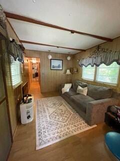 living room with wood walls and hardwood / wood-style floors