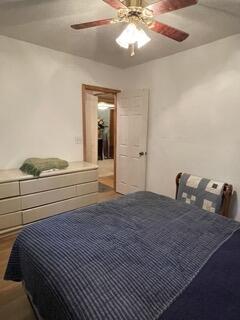 bedroom featuring hardwood / wood-style flooring and ceiling fan