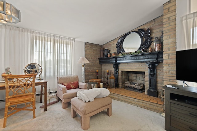 living room featuring carpet flooring, lofted ceiling, a large fireplace, and brick wall