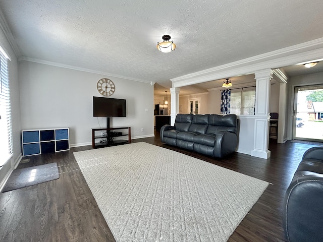 living room featuring decorative columns, crown molding, and dark hardwood / wood-style flooring