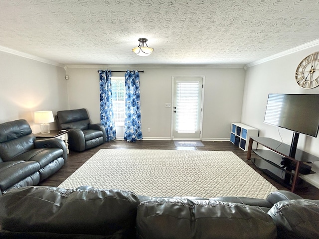 living room featuring crown molding, dark hardwood / wood-style floors, and a textured ceiling