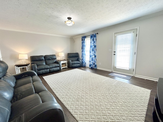 living room with crown molding, dark hardwood / wood-style floors, and a textured ceiling