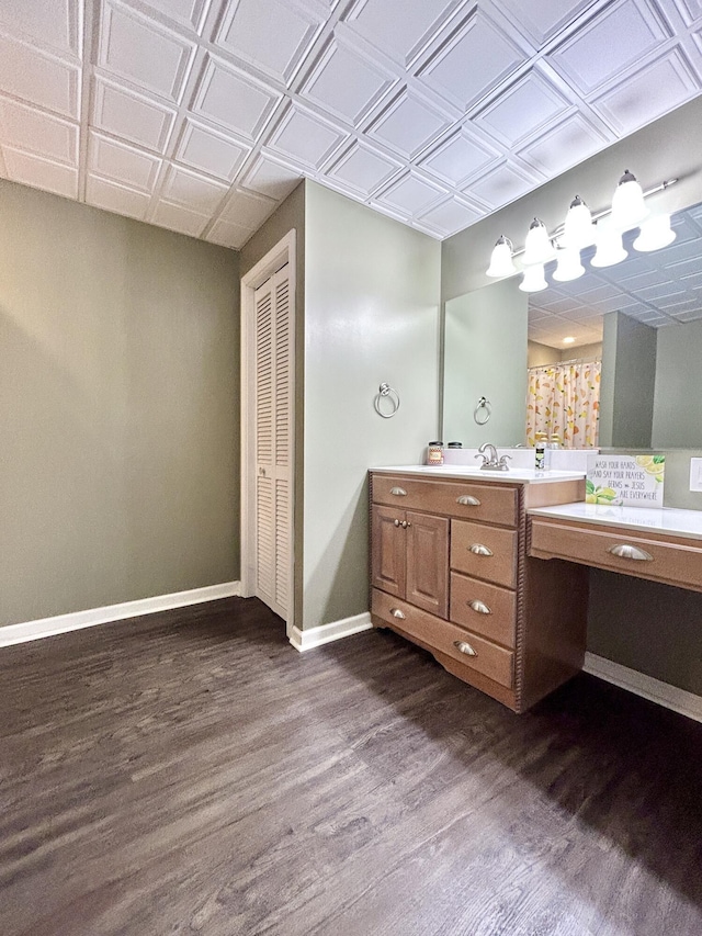 bathroom featuring wood-type flooring, curtained shower, and vanity