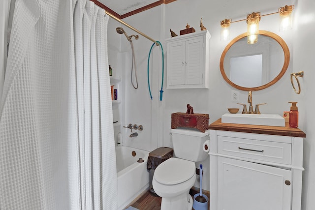 full bathroom with toilet, vanity, and shower / bathtub combination with curtain