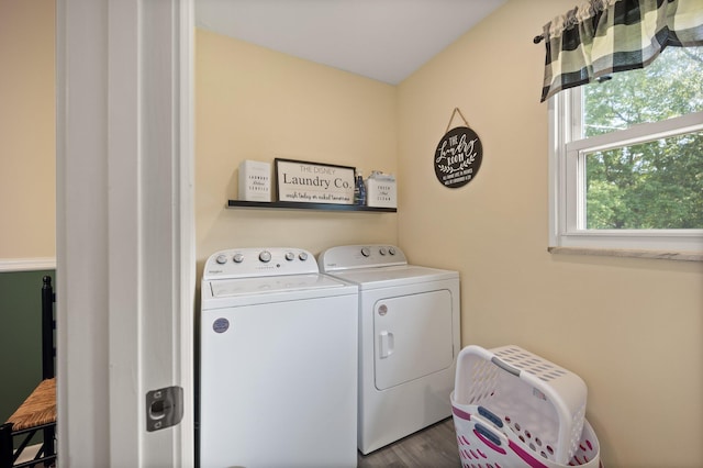 washroom featuring washer and clothes dryer and dark hardwood / wood-style floors