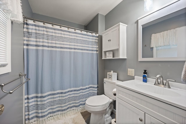 bathroom featuring vanity, toilet, and a shower with shower curtain