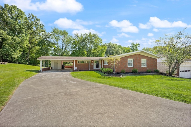 ranch-style house with a carport and a front lawn