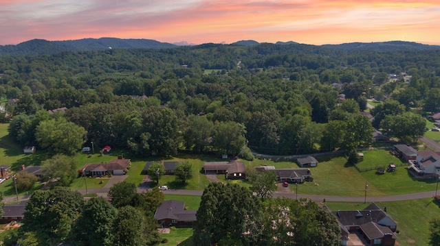 aerial view at dusk featuring a mountain view