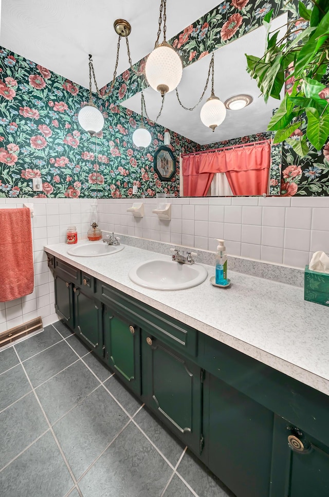175 N Bend Rd, Stanton, KY 40380 - bathroom with wallpapered walls, double vanity, tile walls, tile patterned flooring, and wainscoting