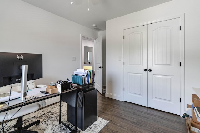 office area featuring ceiling fan and dark hardwood / wood-style floors