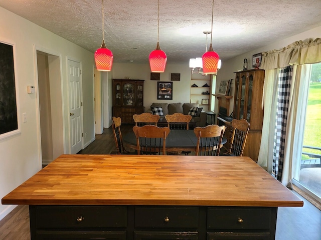 kitchen with dark hardwood / wood-style floors, a textured ceiling, and hanging light fixtures