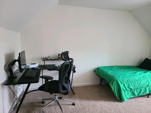 carpeted bedroom with a textured ceiling and lofted ceiling