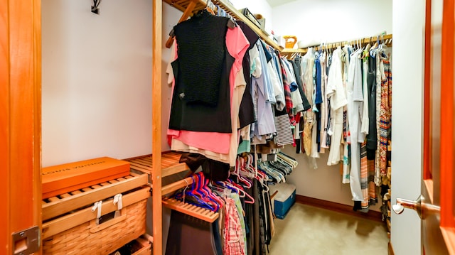 walk in closet featuring light colored carpet