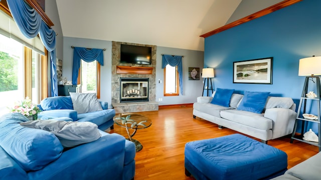 living room with wood-type flooring, a fireplace, and lofted ceiling