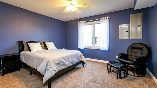 carpeted bedroom featuring ceiling fan