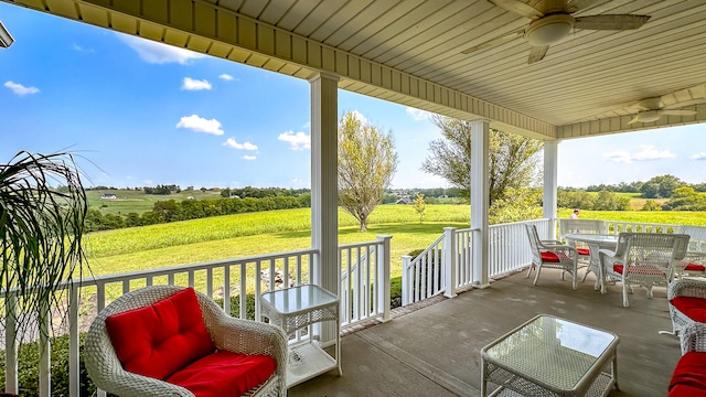 exterior space with ceiling fan