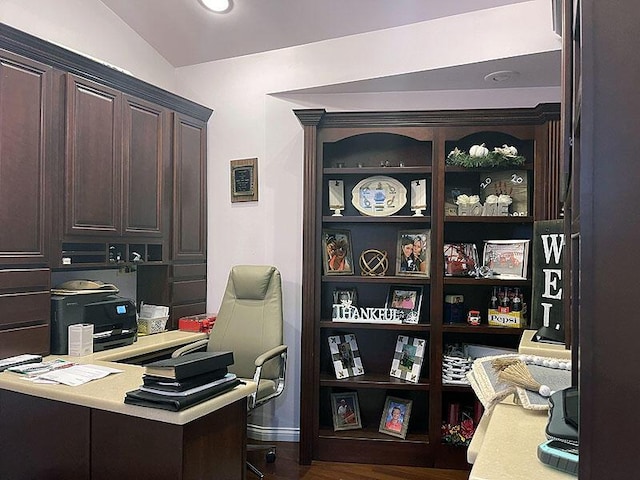 office space with dark wood-type flooring