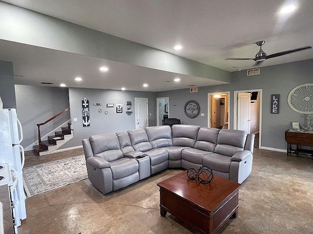 living room featuring recessed lighting, visible vents, stairway, a ceiling fan, and baseboards