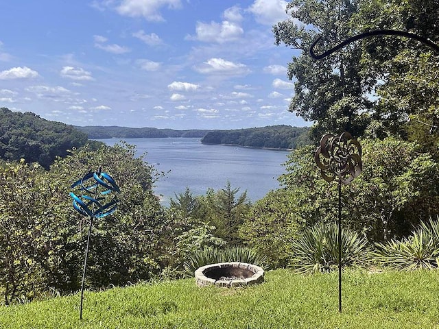 property view of water featuring a forest view and a fire pit