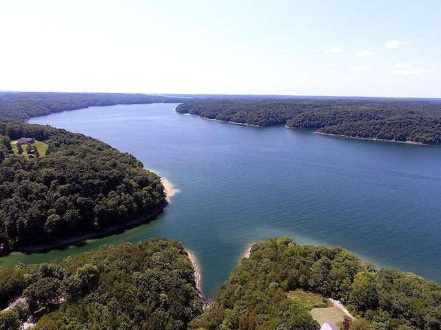 aerial view with a water view and a wooded view