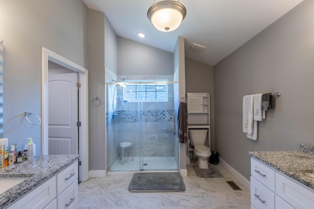 bathroom featuring walk in shower, vanity, toilet, and vaulted ceiling