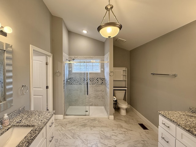 bathroom with vanity, toilet, an enclosed shower, and vaulted ceiling