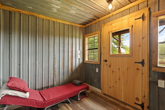 interior space featuring dark hardwood / wood-style flooring, wood walls, and wooden ceiling