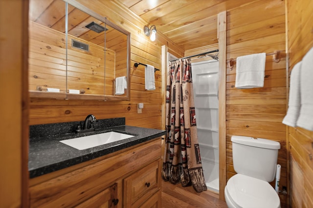 bathroom featuring wood walls, vanity, toilet, wooden ceiling, and hardwood / wood-style flooring