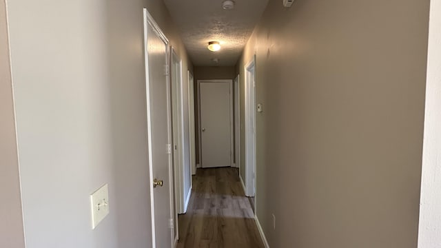 hall with hardwood / wood-style flooring and a textured ceiling