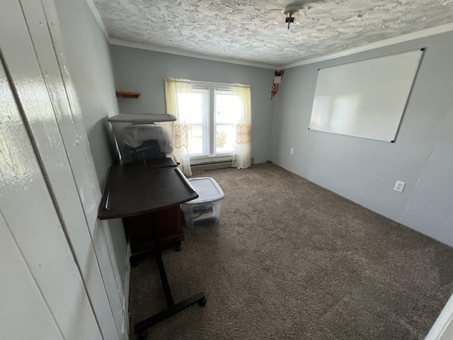 interior space with crown molding, a textured ceiling, and carpet