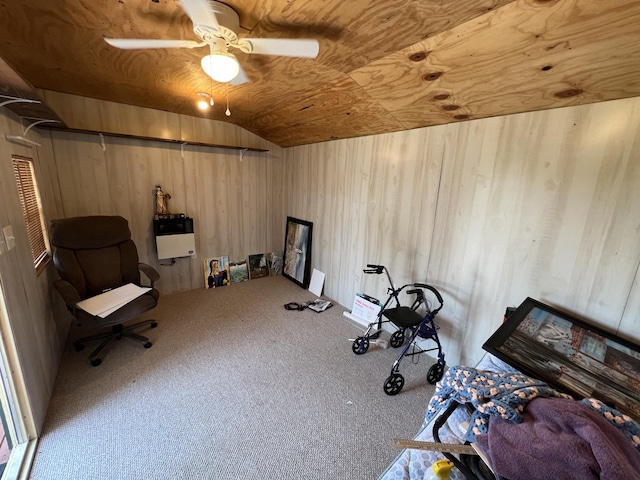 exercise room with wooden ceiling, wooden walls, lofted ceiling, and carpet