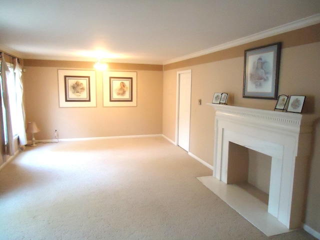 unfurnished living room with light carpet and ornamental molding