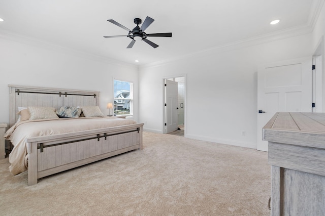 bedroom with ceiling fan, recessed lighting, carpet flooring, baseboards, and ornamental molding