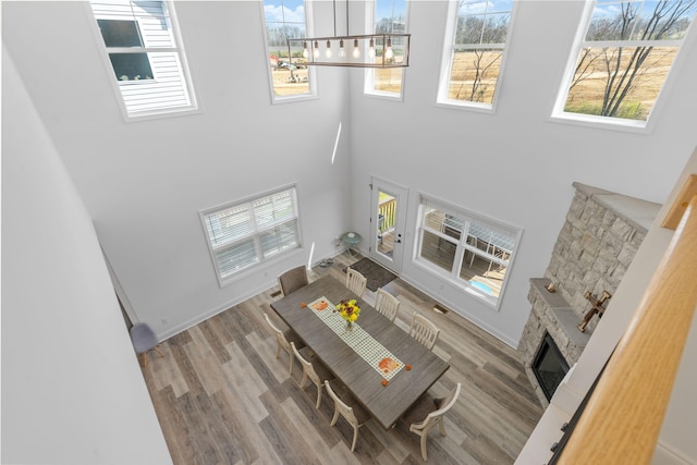 living room with a stone fireplace, wood finished floors, a high ceiling, and baseboards