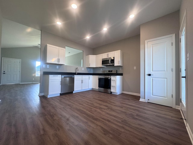 kitchen with white cabinets, stainless steel appliances, and dark hardwood / wood-style flooring