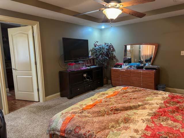 carpeted bedroom featuring ceiling fan and a tray ceiling