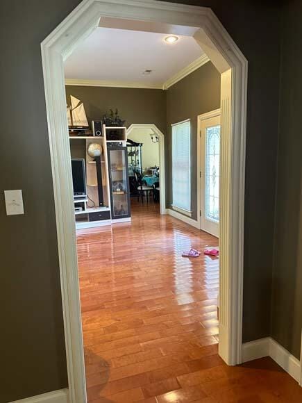 hall featuring wood-type flooring and ornamental molding